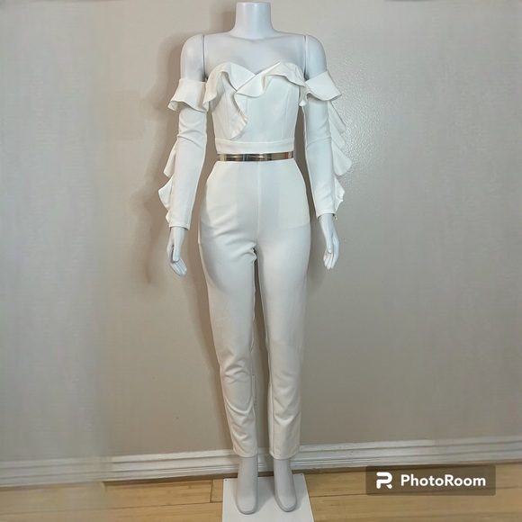 White off the shoulder long sleeve ruffle trim belted...